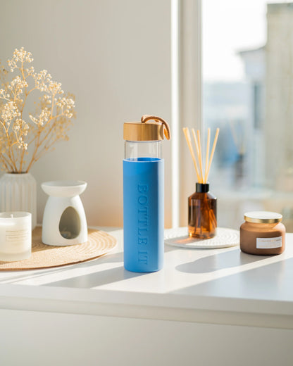 Premium blue glass water bottle for sustainable hydration